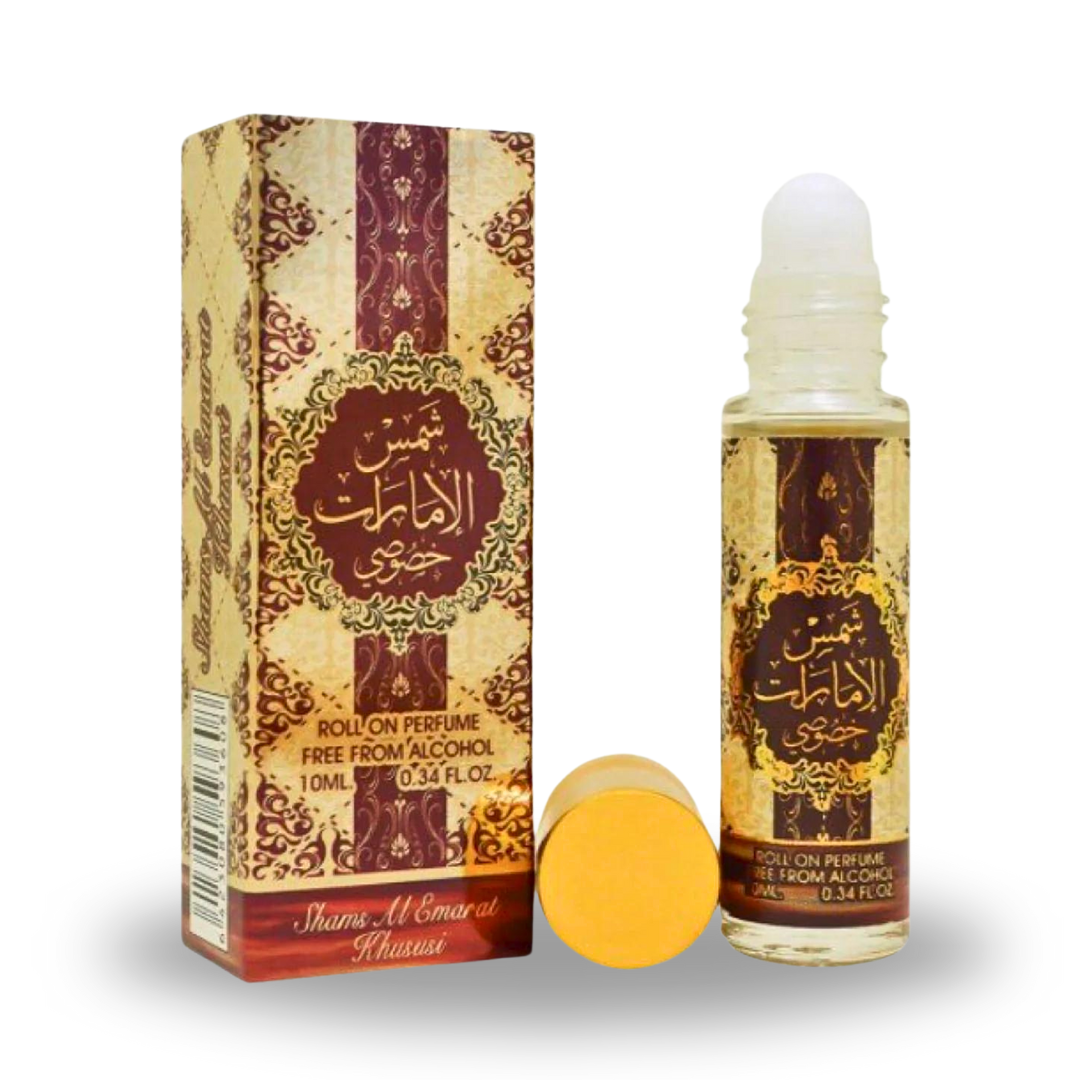 Ard Al Zaafaran Shams Al Emarat Khususi CPO 10ml concentrated perfume oil bottle for men and women, long-lasting fragrance.