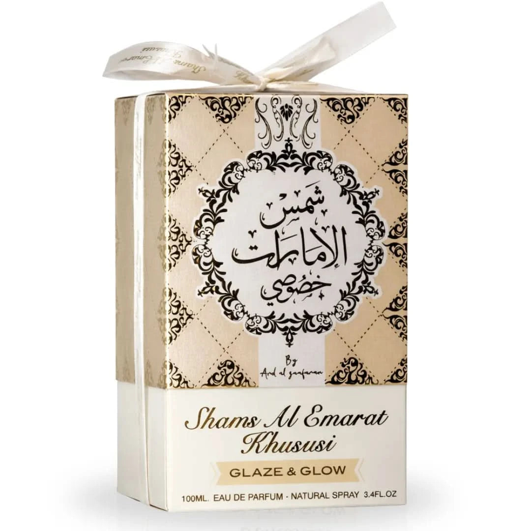 Ard Al Zaafaran Shams Al Emarat Khususi Glaze & Glow Eau de Parfum 100ml bottle, featuring elegant floral and oriental fragrance.
