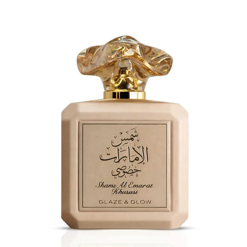 Shams Al Emarat Khususi Glaze & Glow Eau de Parfum spray by Ard Al Zaafaran, 100ml bottle featuring elegant design.