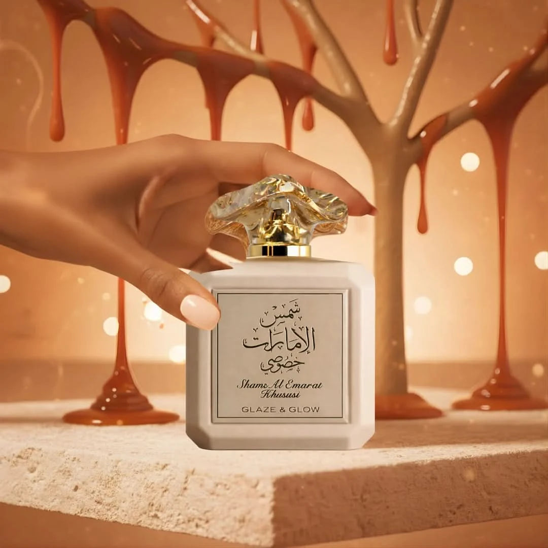 Ard Al Zaafaran Shams Al Emarat Khususi Glaze & Glow Eau de Parfum spray 100ml, elegant bottle with intricate design.