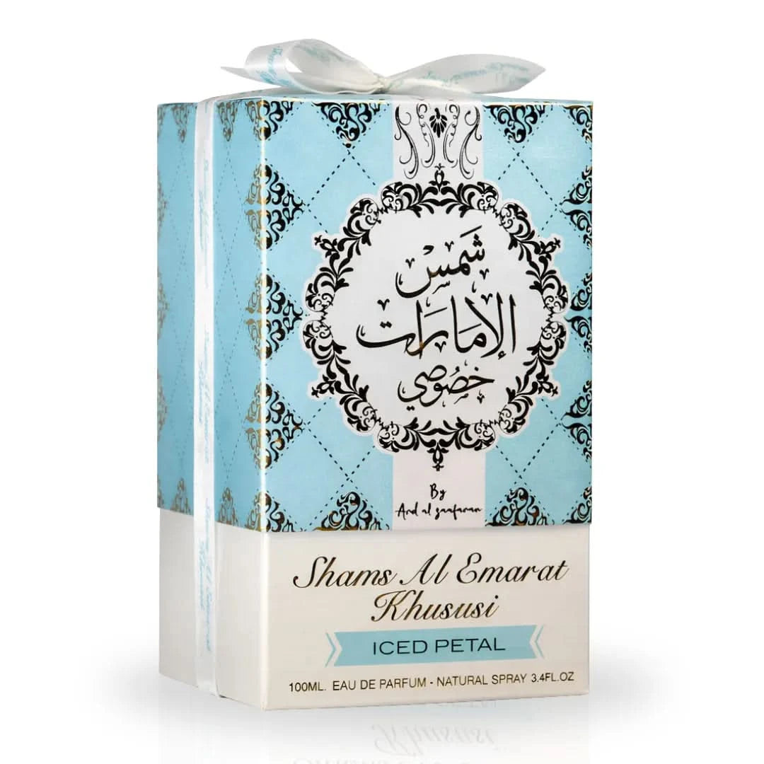 Ard Al Zaafaran Shams Al Emarat Khususi Iced Petal Eau de Parfum spray 100ml, elegant bottle with floral design.