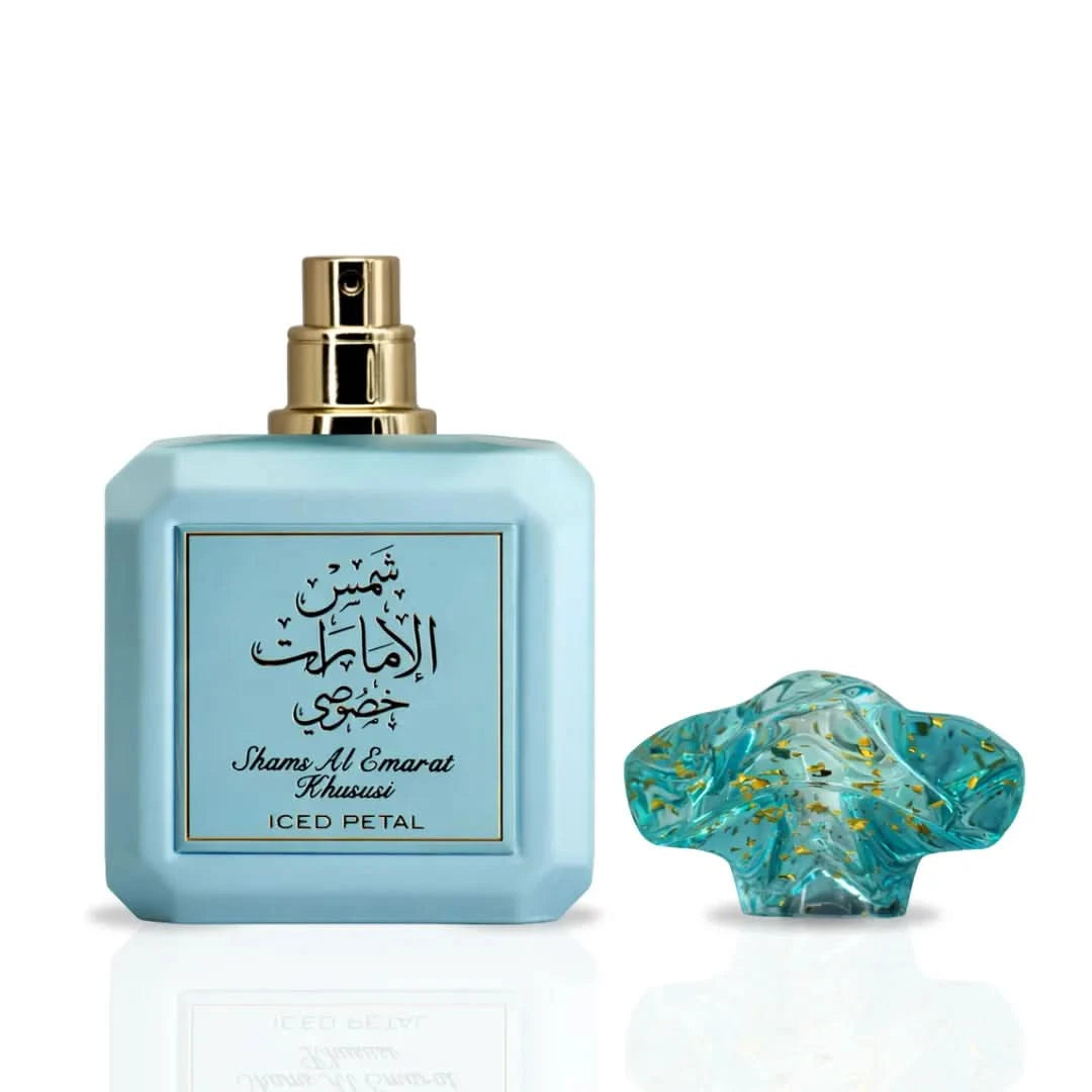 Shams Al Emarat Khususi Iced Petal Eau de Parfum by Ard Al Zaafaran, 100ml bottle with floral and icy scent design.