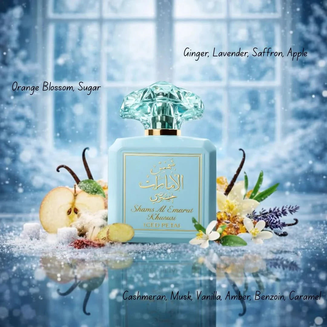 Ard Al Zaafaran Shams Al Emarat Khususi Iced Petal Eau de Parfum spray 100ml, floral fragrance bottle with elegant design.