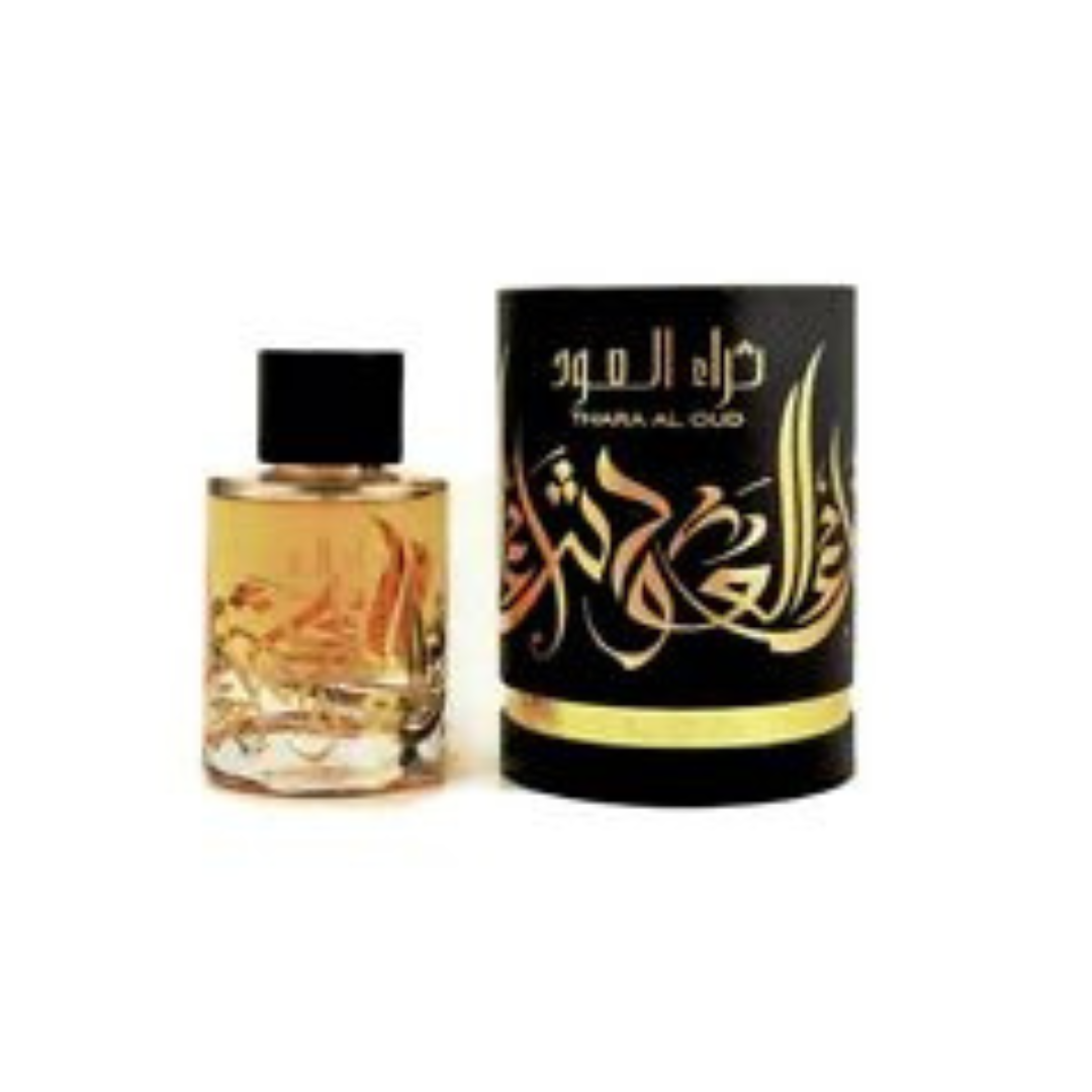 Front view of Ard Al Zaafaran Thara Al OUD EDP 100ml perfume bottle, showcasing the elegant design and branding.