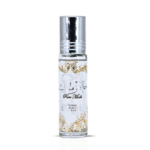 Three bottles of Ard Al Zaafaran Pure Musk Perfume Oil in 10ml roll-on bottles, showcasing white musk scent and sleek packaging.