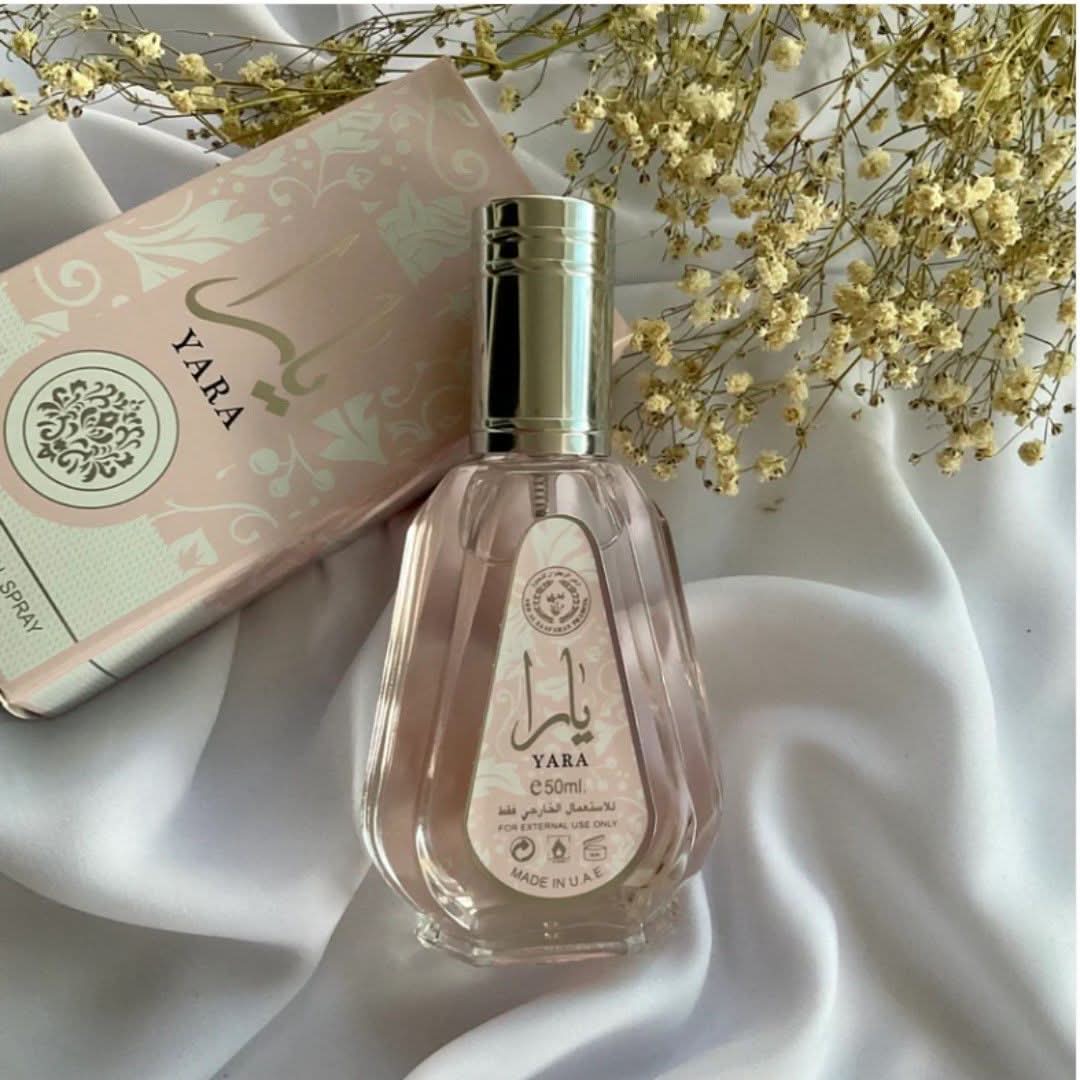 Three Ard Al Zaafaran Yara Eau de Parfum 50ml bottles displayed together, showcasing elegant glass perfume bottles.