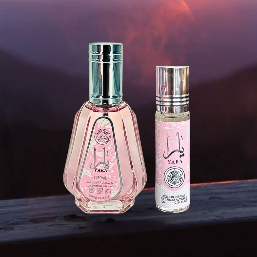 Bundle of Ard Al Zaafaran Yara Eau de Parfum 50ml spray and Yara Roll-On Perfume Oil 10ml, displayed with bottles and packaging.