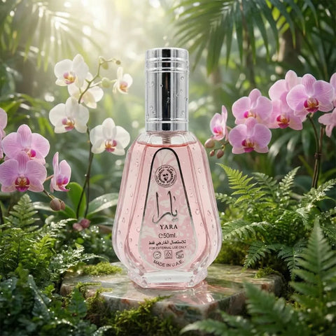 Yara Eau de Parfum Spray by Ard Al Zaafaran, 50ml bottle, elegant glass with floral and oriental fragrance details.