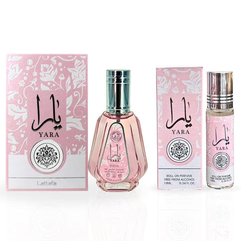 Bundle of Ard Al Zaafaran Yara Eau de Parfum 50ml spray and 10ml roll-on perfume oil, featuring elegant bottles and packaging.