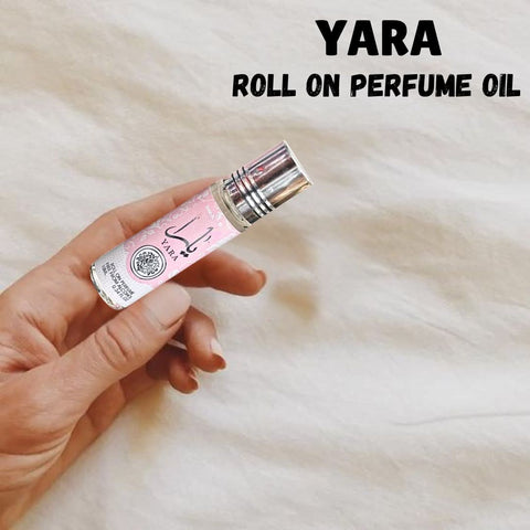 Bundle of Ard Al Zaafaran Yara Eau de Parfum spray 50ml and Roll-On perfume oil 10ml, featuring elegant bottles and packaging.