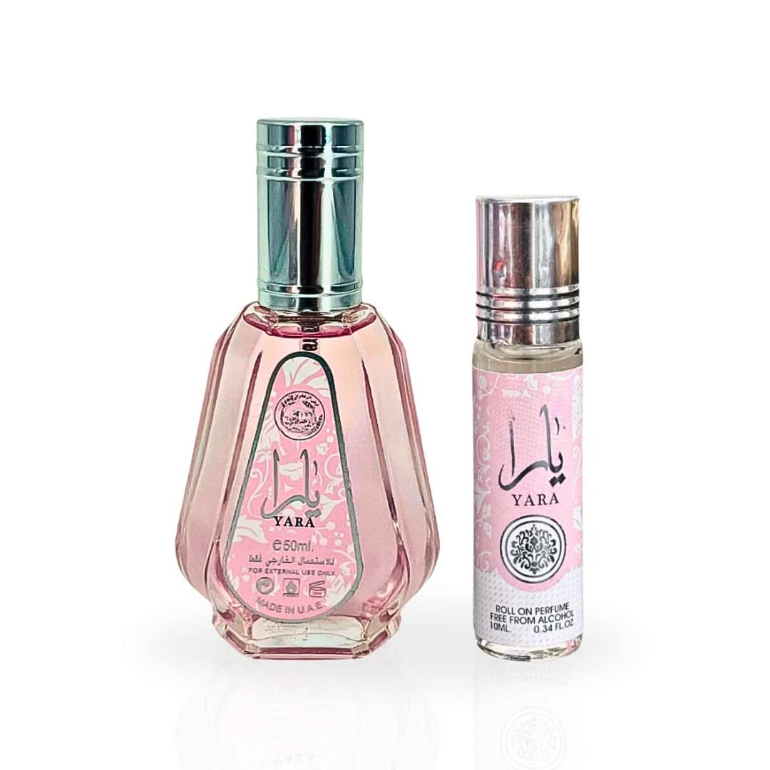 Bundle of Ard Al Zaafaran Yara Eau de Parfum spray 50ml and Yara Roll-On Perfume Oil 10ml with elegant bottles.