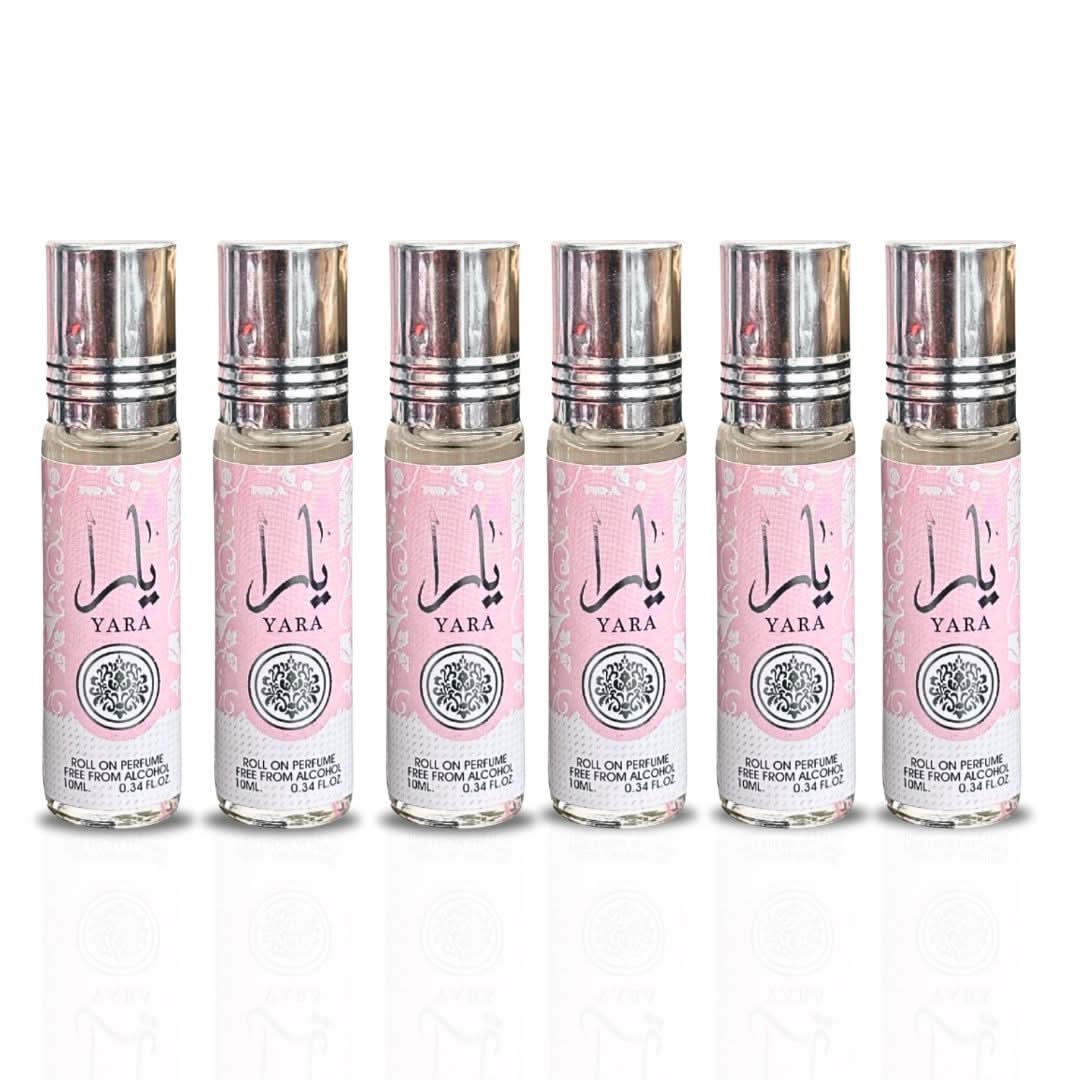 Six bottles of Ard Al Zaafaran Yara Roll-On Perfume Oil in 10ml bottles, displayed in a value pack arrangement.