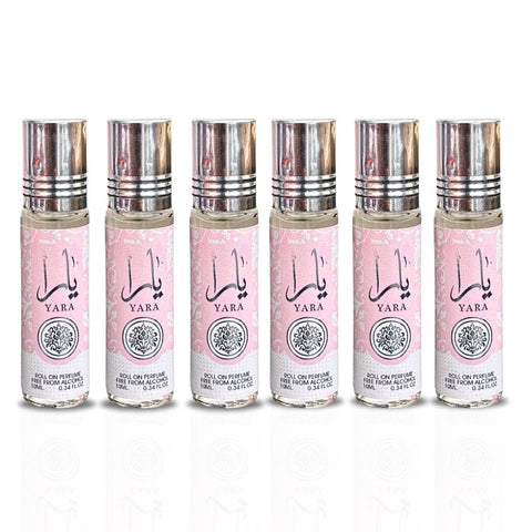 Six bottles of Ard Al Zaafaran Yara Roll-On Perfume Oil in 10ml bottles, displayed in a value pack arrangement.