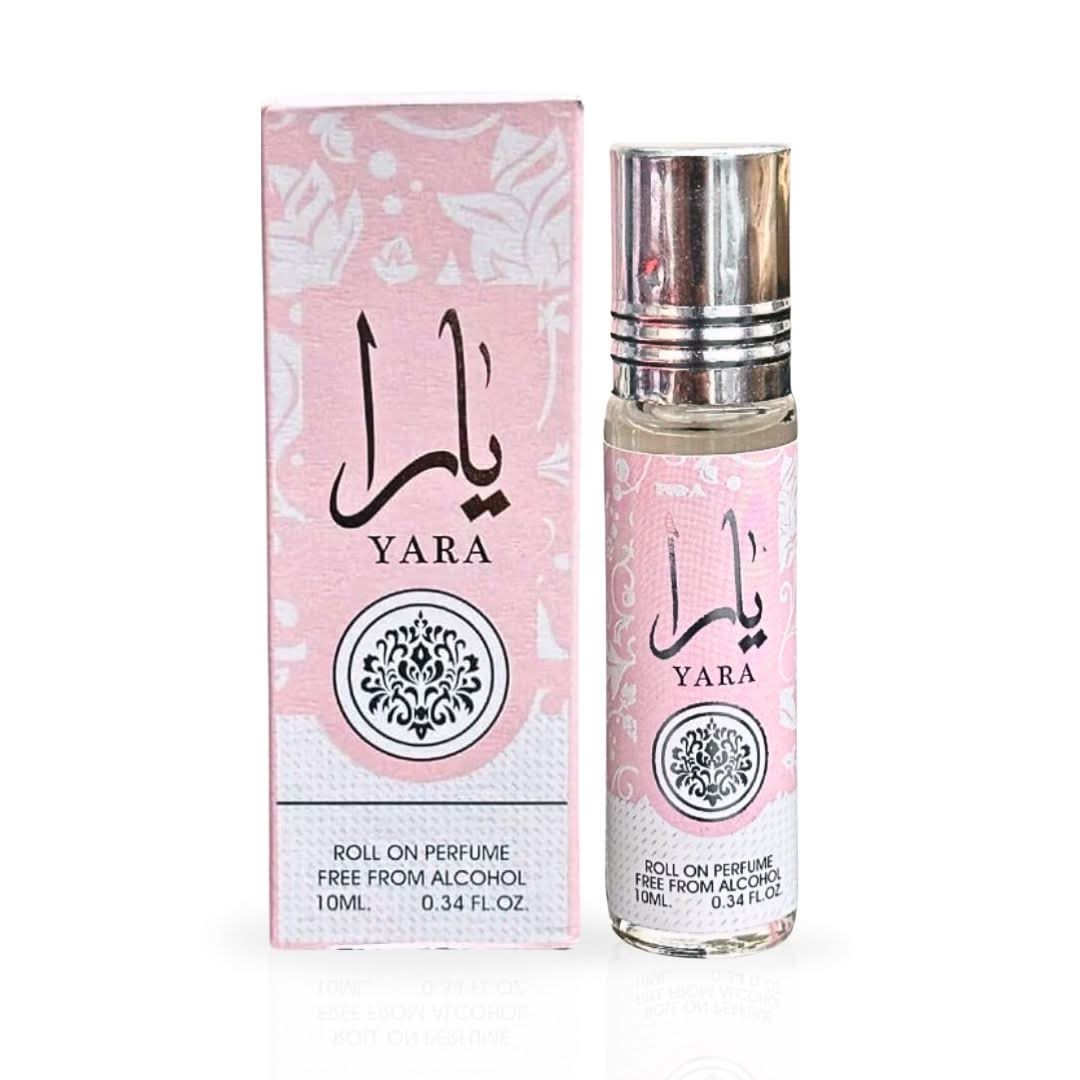 Six bottles of Ard Al Zaafaran Yara Roll-On Perfume Oil CPO 10ml in a value pack, with clear view of the small, round perfume bottles.