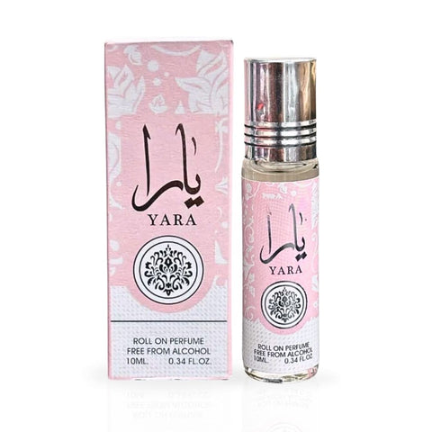 Six bottles of Ard Al Zaafaran Yara Roll-On Perfume Oil CPO 10ml in a value pack, with clear view of the small, round perfume bottles.