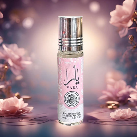 Six bottles of Ard Al Zaafaran Yara Roll-On Perfume Oil, 10ml each, arranged in a value pack with elegant packaging.