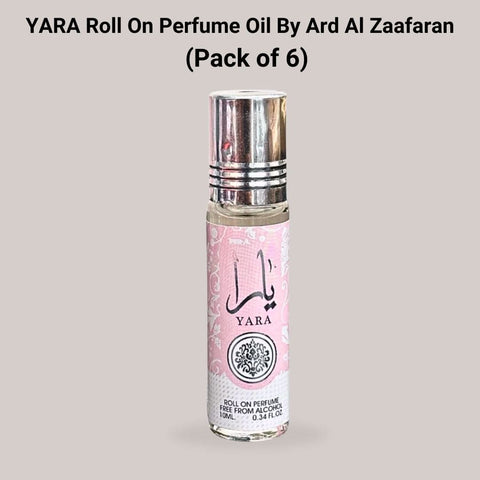 Six bottles of Ard Al Zaafaran Yara Roll-On Perfume Oil, 10ml each, arranged in a value pack with sleek packaging.