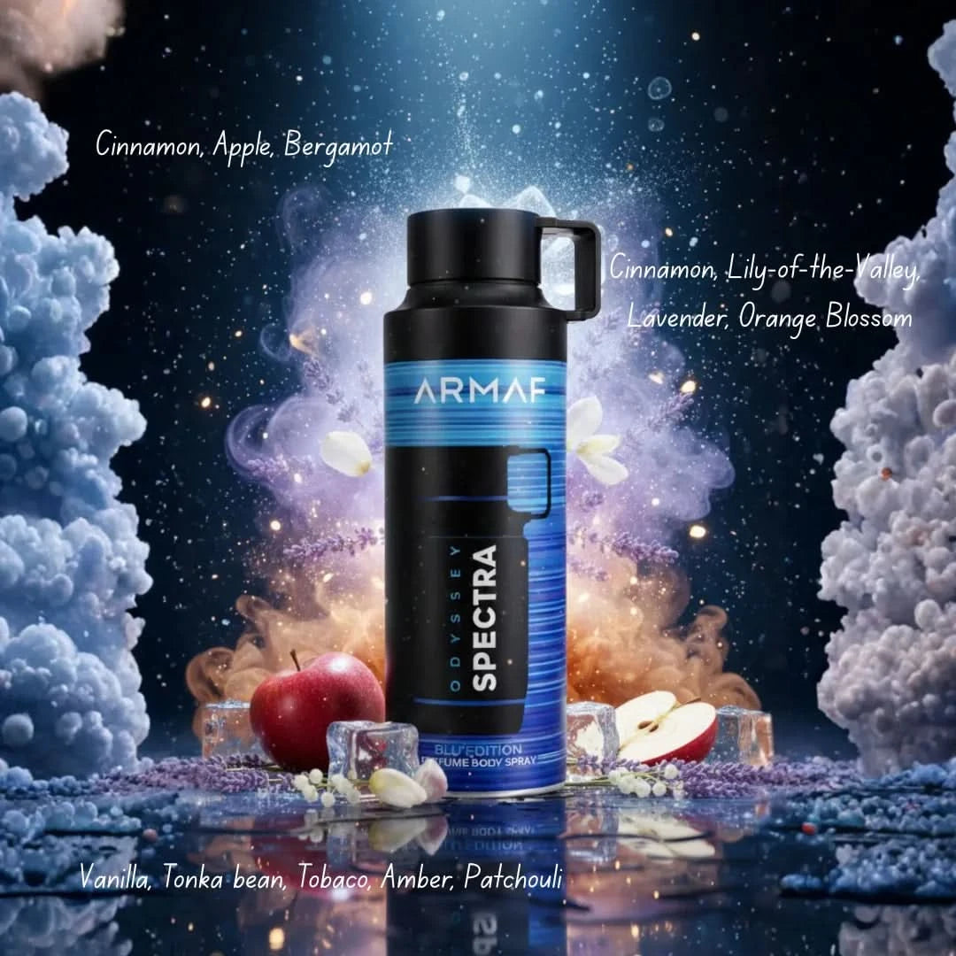 Armaf Odyssey Spectra Blu perfumed body spray 200ml, deodorant bottle with blue accents and sleek design.