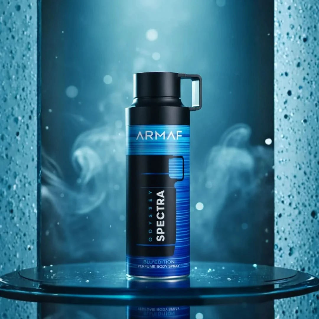 Armaf Odyssey Spectra Blu perfumed body spray 200ml, showcasing the sleek bottle and blue design of the deodorant.