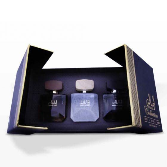 Arabian Oud Asala collection perfume gift set with multiple elegant bottles and decorative packaging.
