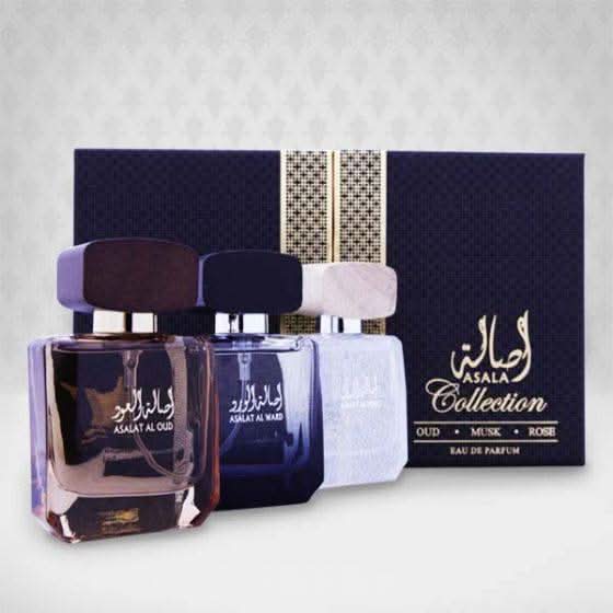 Arabian Oud Asala collection perfume gift set with elegantly designed bottles and packaging, showcasing luxurious fragrance options.