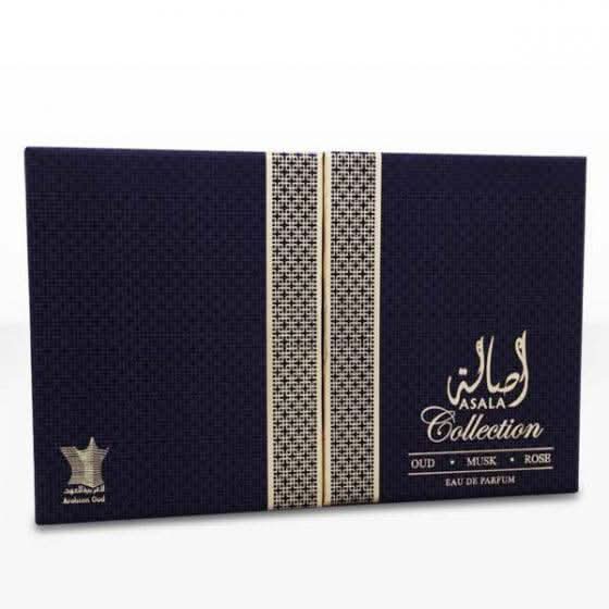 Arabian Oud Asala collection perfume gift set with elegant bottles and packaging, showcasing traditional Middle Eastern fragrance design.