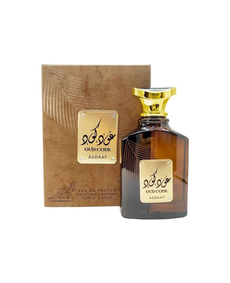Asdaaf Oud Code Eau de Parfum spray 100ml with elegant bottle, featuring warm, woody, and aromatic fragrance notes.