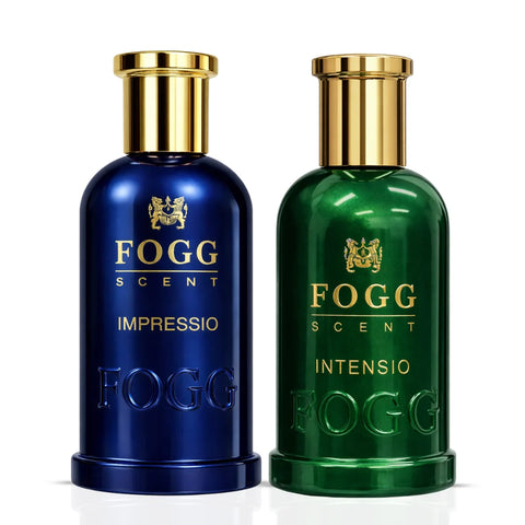Fogg Impressio & Intensio for Men Eau de Parfum bundle, 100ml spray bottles, featuring masculine fragrance packaging.