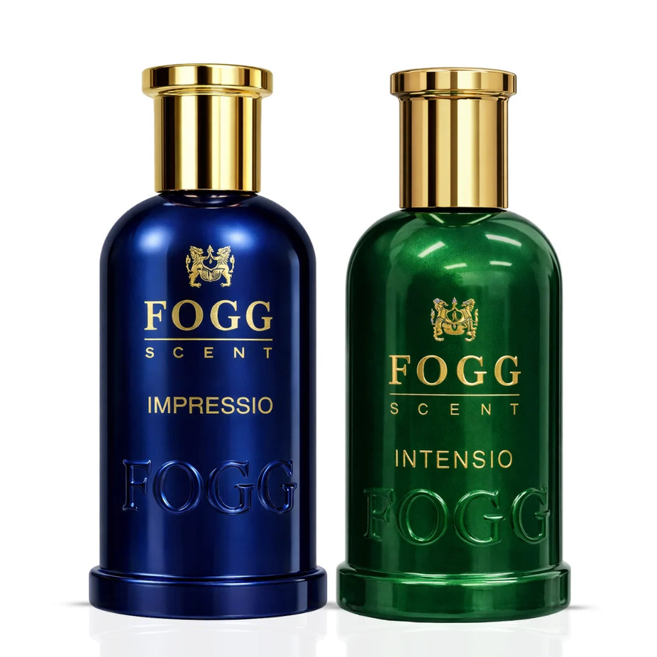 Fogg Impressio & Intensio men's Eau de Parfum spray bundle, 100ml bottles, with sleek packaging and fragrance bottles on display.