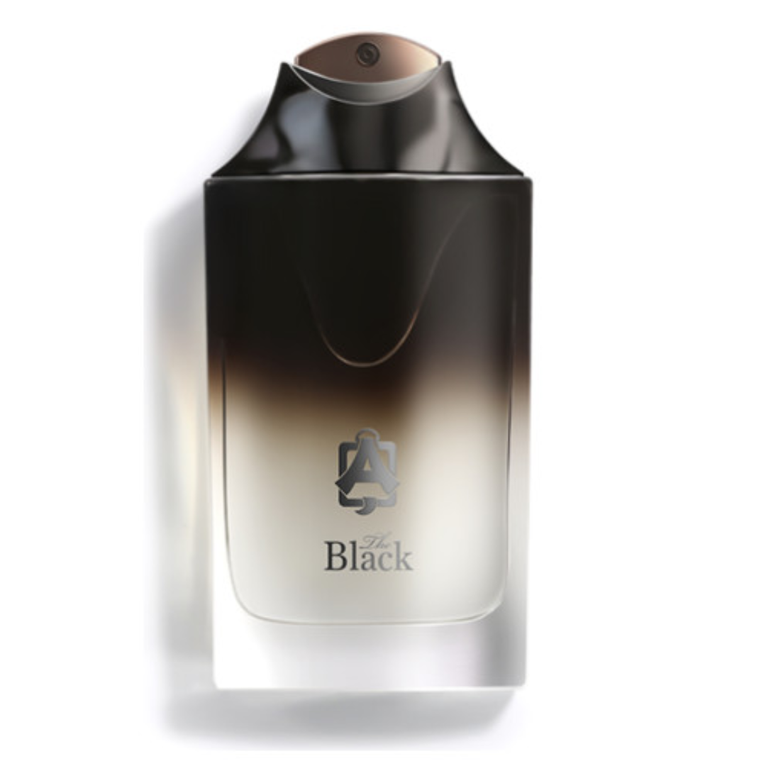 Eau de Parfum bottle labeled The Black for Men by ASQ, 100ml, with sleek black design and elegant packaging.
