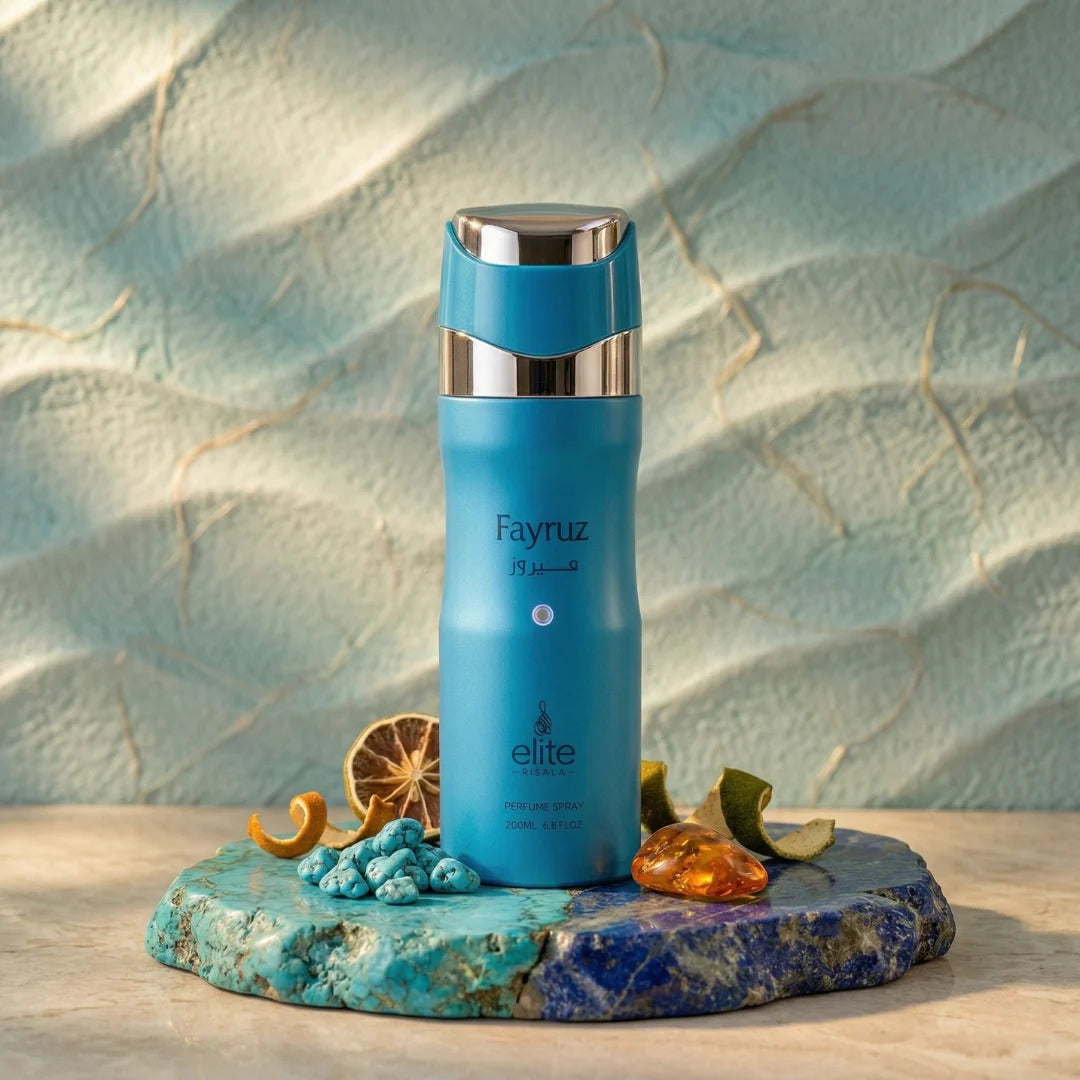 Fayruz Body Spray by Elite Risala, 200ml deodorant bottle with a sleek design and colorful label in a product image