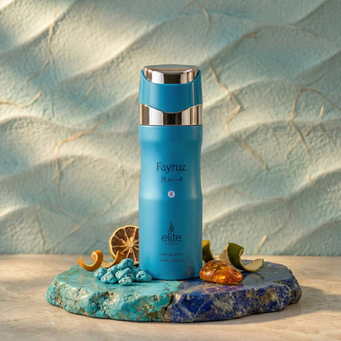 Fayruz Body Spray by Elite Risala, 200ml deodorant bottle with a sleek design and colorful label in a product image