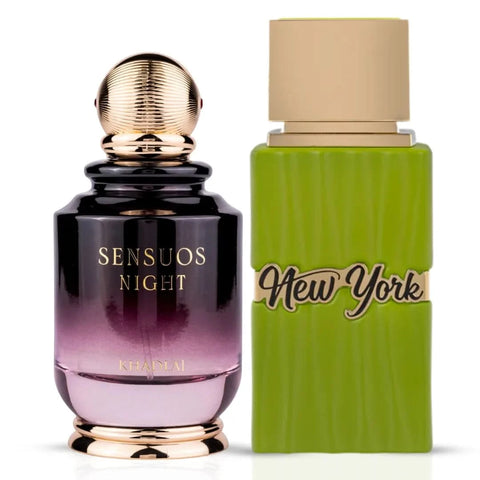 Bundle of Intense Oud New York Life and Sensuos Night Eau de Parfum sprays, 100ml each, featuring elegant fragrance bottles.
