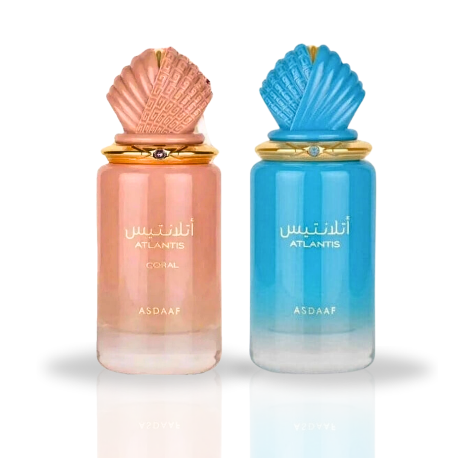 Atlantis Blue & Coral Eau de Parfum sprays by Asdaaf, 100ml bottles, featuring vibrant blue and coral packaging.