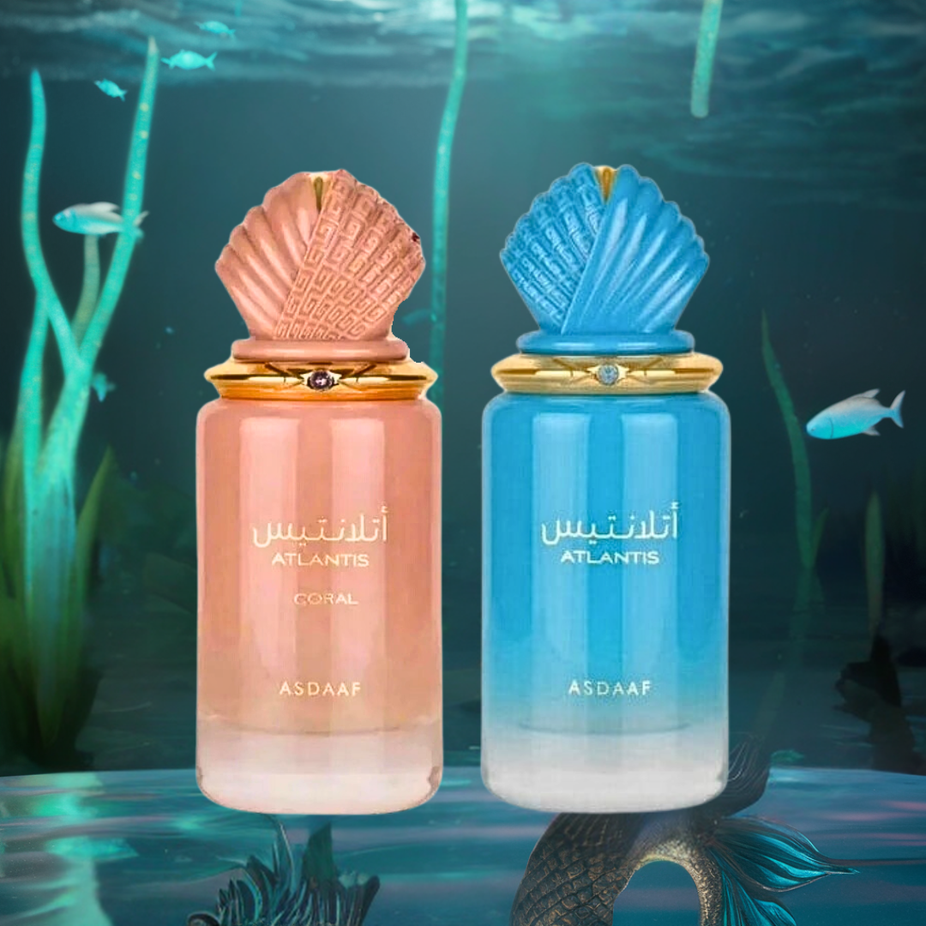 Atlantis Blue and Coral Eau de Parfum sprays by Asdaaf, 100ml bottles, showcasing the vibrant perfume packaging.