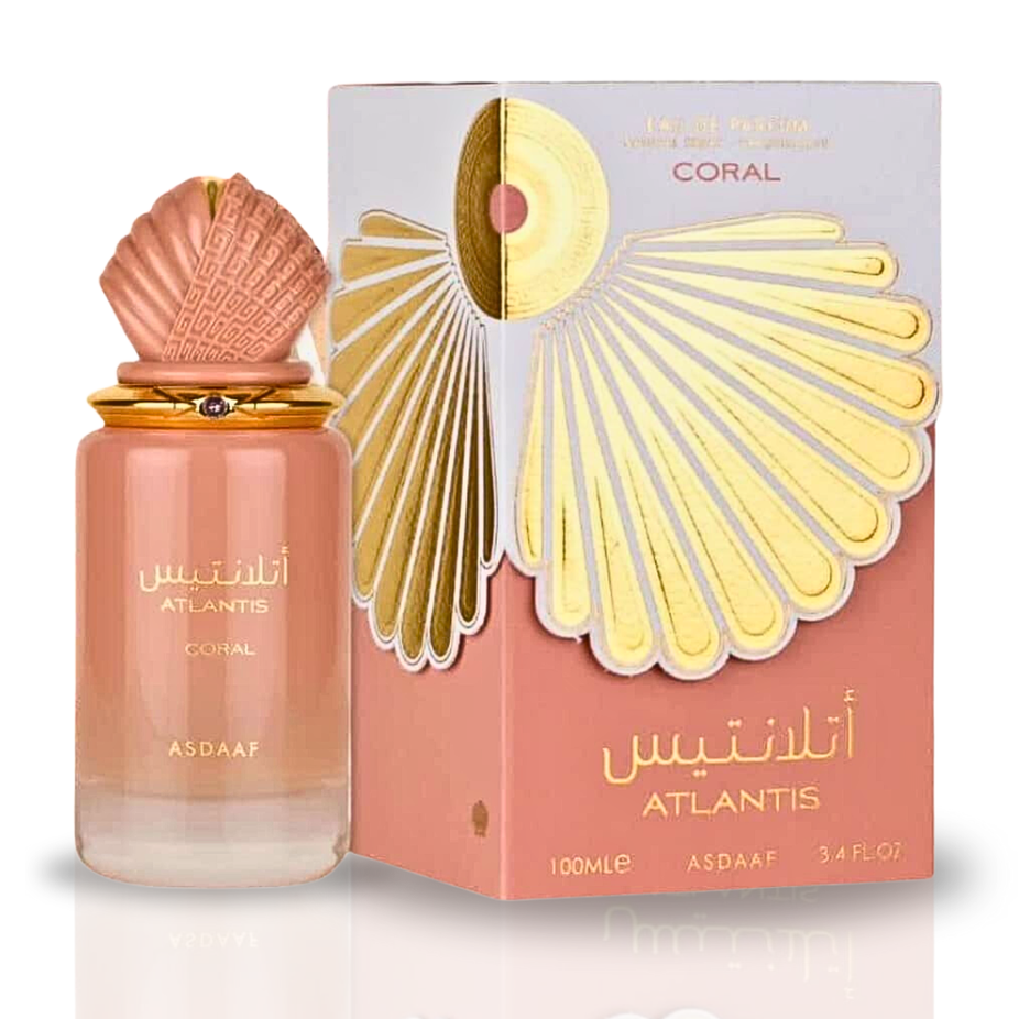Atlantis Blue and Coral Eau de Parfum sprays by Asdaaf, 100ml, featuring elegant bottles with blue and coral accents.