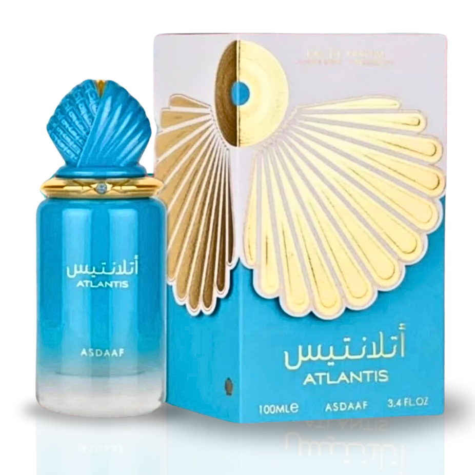 Atlantis Blue & Coral Eau de Parfum sprays by Asdaaf, 100ml bottles, featuring blue and coral packaging with elegant fragrance bottles.