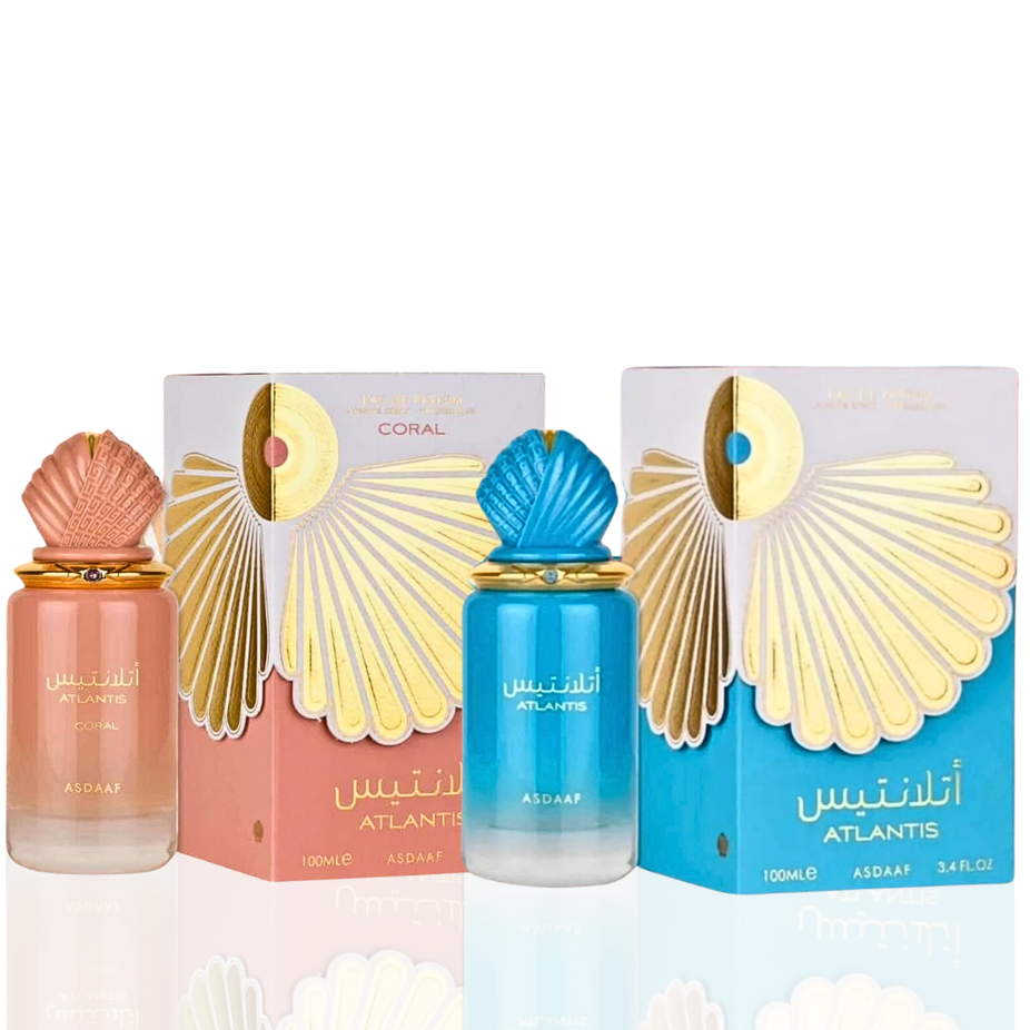 Atlantis Blue and Coral Eau de Parfum sprays by Asdaaf, 100ml bottles, featuring ocean-inspired scents in a dual-pack.