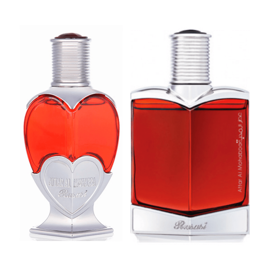 Rasasi Attar Al Mohabba EDP bundle for men and women, 100ml bottles with elegant packaging and floral fragrance design.