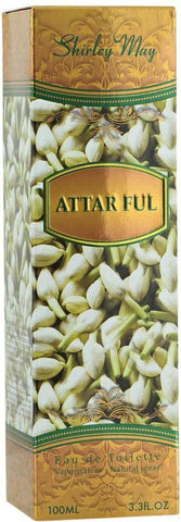 Shirley May Attar Ful EDT 100ML perfume bottle with decorative pouch, showcasing elegant packaging and product label.
