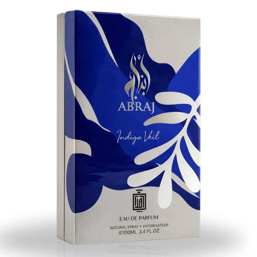 Aura Abraj Indigo Veil Eau de Parfum 100 ml – bottle showing deep blue fragrance liquid