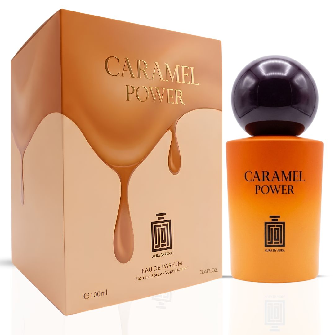 Aura by Aura Caramel Power Eau de Parfum spray 100ml bottle, front view showing elegant fragrance packaging.