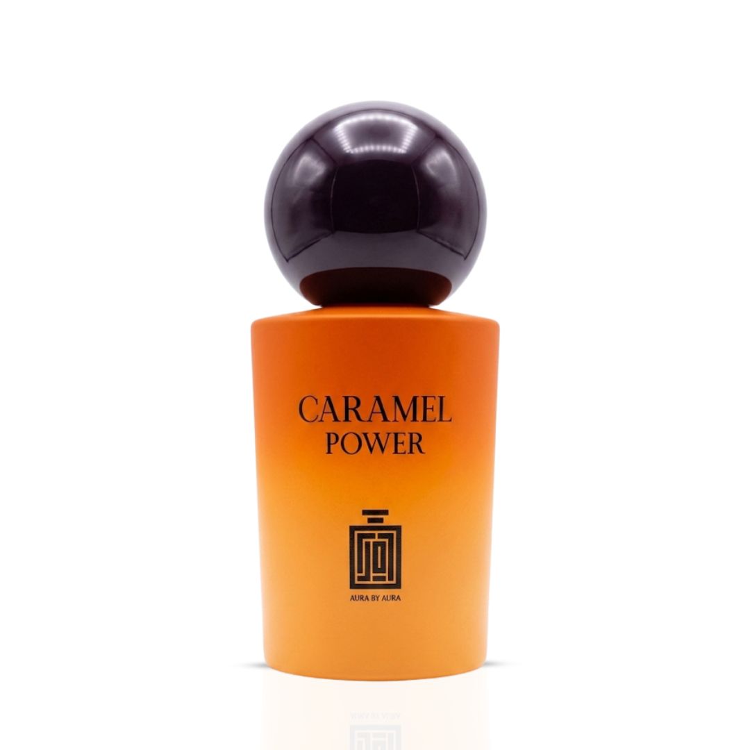 Side view of Aura by Aura Caramel Power Eau de Parfum spray bottle, 100ml, showcasing the elegant fragrance bottle design.