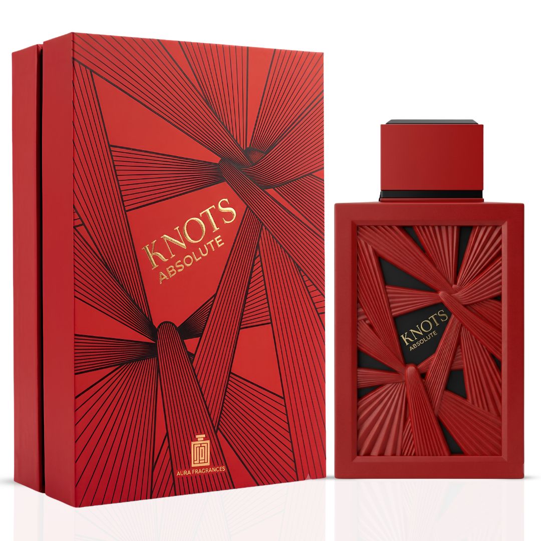 Aura by Aura Knots Absolute Eau de Parfum spray bottle, 100ml, front view showcasing the elegant perfume design.