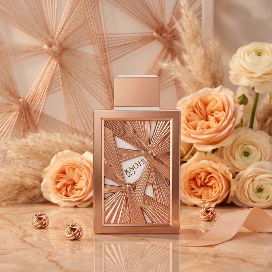 Aura Knots Love Eau de Parfum spray 100ml bottle, front view showing elegant perfume bottle designed by Aura by Aura.