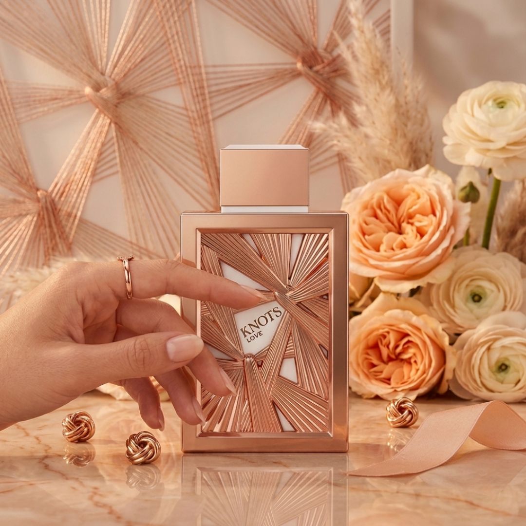Aura by Aura Knots Love Eau de Parfum spray in a 100ml bottle with gold accents, elegant floral fragrance.