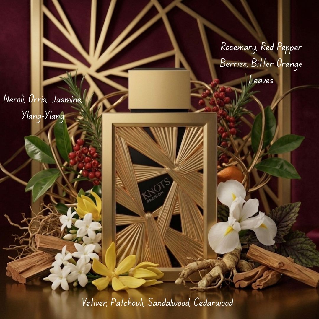 Aura by Aura Knots Passion Eau de Parfum spray 100ml bottle with elegant design, showcasing the fragrance's luxurious packaging.