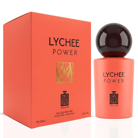 Aura by Aura Lychee Power Eau de Parfum spray 100ml bottle with packaging, featuring a sleek design and floral accents.