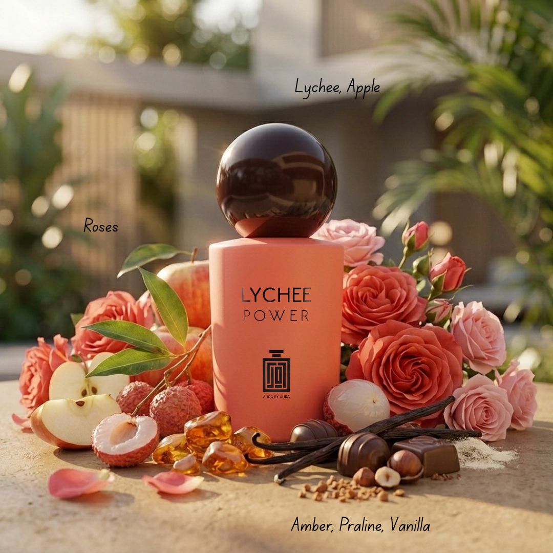 Aura by Aura Lychee Power Eau de Parfum spray 100ml bottle with floral accents, showcasing the elegant perfume bottle.