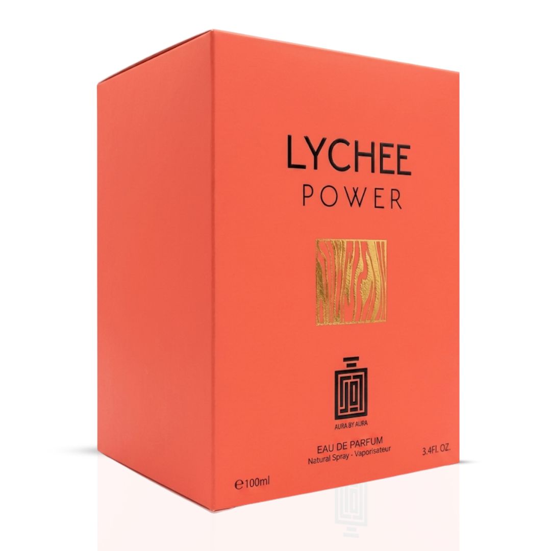 Aura by Aura Lychee Power Eau de Parfum 100ml bottle, sleek glass container with a modern design and floral accents.